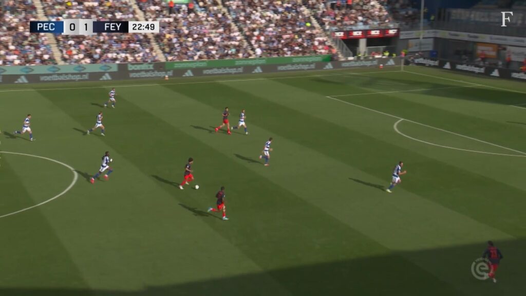 Spelers van PEC Zwolle en Feyenoord op het veld in het MAC³PARK stadion tijdens de wedstrijd van zondag